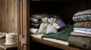 A pair of English lavender sachets tucked neatly between folded clothes in a British-style wooden wardrobe.