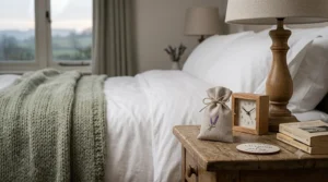 An English lavender sachet placed on a bedside table to promote a relaxing sleep environment.