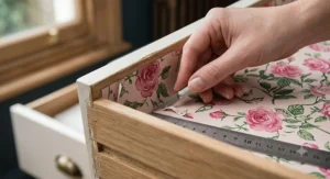 Traditional lavender scented drawer liners lining the base of an antique wooden chest of drawers to protect knitwear, shown in natural light.