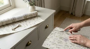 A person using a craft knife to carefully cut a sheet of lavender scented drawer paper to size for a bedroom drawer.