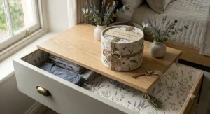 A close-up view of a premium botanical-patterned lavender scented drawer paper roll displayed elegantly on a wooden dresser top.