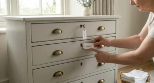 An elegant chest of drawers featuring brass handles, with a person attaching a handwritten "linen" tag to one of the drawer fronts.