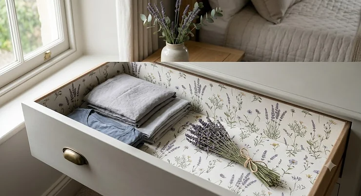 A chest of drawers lined with lavender scented drawer paper, featuring a bouquet of dried lavender, highlighting a clean, sophisticated bedroom aesthetic. lavender scented drawer paper
