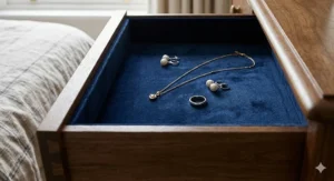 Plush velvet drawer liner material in deep navy, used to protect jewellery inside a dressing table drawer.