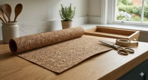 A pair of fabric scissors and a measuring tape resting on a roll of drawer liner, demonstrating how to measure for a perfect fit.