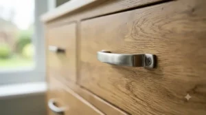 Elegant metal handles attached to a solid wood chest of drawers, perfectly complementing the traditional or modern design.