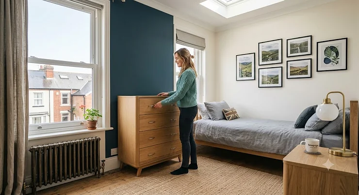 A contemporary chest of drawers providing storage in a light and airy spare bedroom, perfect for guest organisation. chest of drawers for spare bedroom