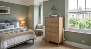 Minimalist modern tall dresser placed beside a bed in a contemporary bedroom interior.
