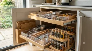 Modular drawer organiser trays arranged to hold stationery and office supplies, helping keep home office drawers tidy.