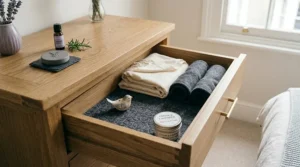 Moisture-absorbing drawer liners placed inside a kitchen unit to prevent damp odours.