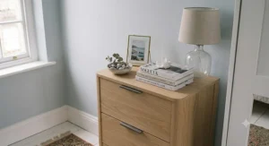 A narrow chest of drawers styled with a lamp and vase on top.
