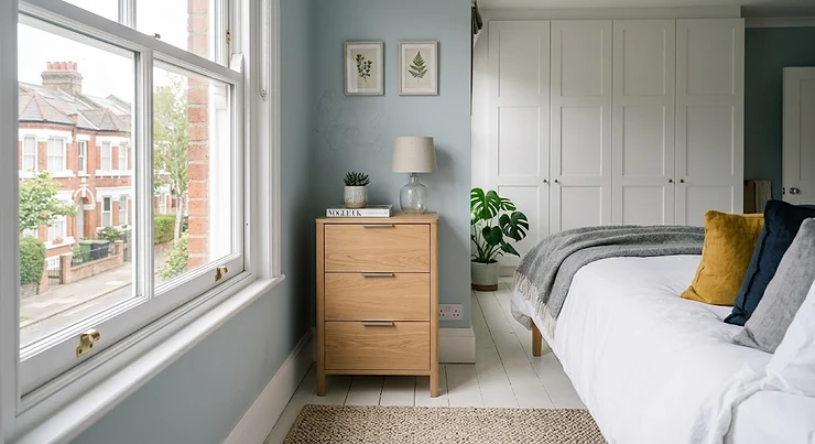 A narrow oak 3 drawer chest of drawers in a bright, modern British bedroom with a sash window view. narrow chest of drawers 3 drawer