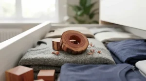 Close-up of sustainable red cedar wood blocks used as a natural moth repellent for clothes drawers.
