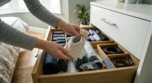 Placing a small, natural fabric bag filled with dried lavender into an organised drawer to provide a gentle, refreshing scent for stored clothing.