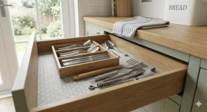Non-slip protective drawer liners inside a modern kitchen utensil organiser.