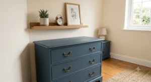 A stylish grey painted chest of drawers offering ample storage for clothes in a modern guest bedroom.