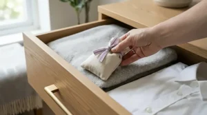 A close-up, high-detail photograph showing a hand carefully placing a handmade cream linen sachet filled with dried lavender into an open oak wooden drawer.