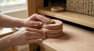 Lightly sanding cedar rings to refresh their scent for clothes storage.
