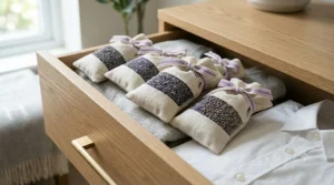 A collection of handmade lavender sachets nestled neatly within a wooden drawer, demonstrating how to keep clothes smelling fresh with traditional home fragrance.