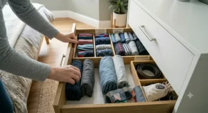 Performing a quick, regular maintenance check on a bedroom drawer, smoothing out folded items to ensure the space remains tidy and well-organised.