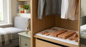 A tidy closet shelf featuring natural, renewable cedar inserts used to organise knitwear and garments.