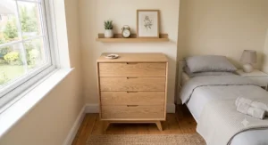 A light wood, Scandinavian-inspired chest of drawers suitable for a relaxing and functional spare bedroom.