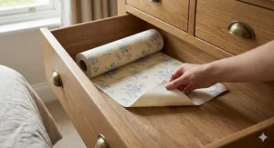 Close-up of a floral-scented paper drawer liner being unrolled inside an oak chest of drawers.