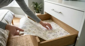 Installing a decorative, floral-patterned drawer liner into a wooden drawer, smoothing it down to create a clean, protected surface for clothing.