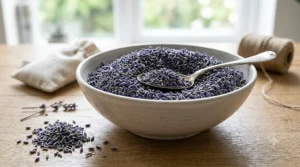 High-quality sprigs of dried English lavender being prepared for drawer sachets.