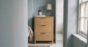 A narrow chest of drawers fits perfectly into a small bedroom alcove.