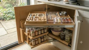 Small item drawer dividers used to organise craft supplies and miscellaneous items in a workbench or hobby drawer.