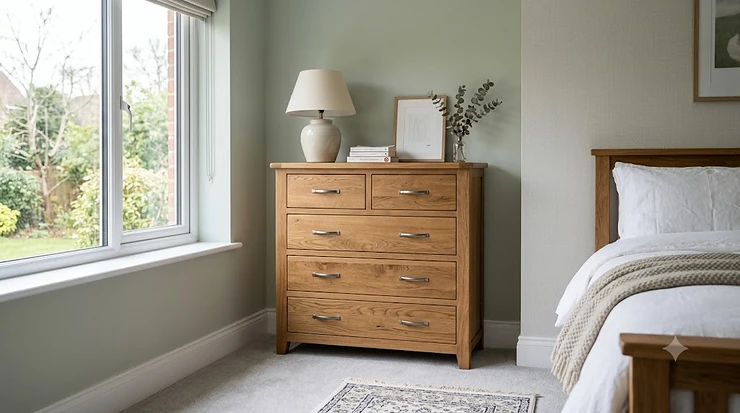 Solid wood chest of drawers in a styled bedroom, offering durable bedroom storage with a natural finish. solid wood chest of drawers
