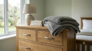 Solid wood chest of drawers styled with a table lamp and mirror in a cosy British bedroom setting.