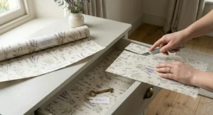 A hands-on view of someone measuring and cutting lavender scented drawer paper, emphasising the ease of customising the drawer lining.