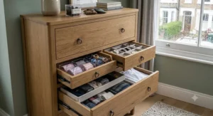 A tall chest of drawers with organised drawers to maximise bedroom storage.