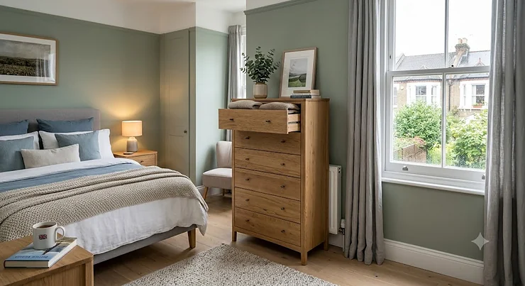A stylish tall chest of drawers in a modern bedroom with neutral decor and soft lighting. tall chest of drawers bedroom