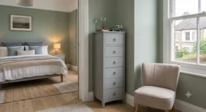 A tall storage unit chest of drawers fits perfectly into the corner of a bedroom.