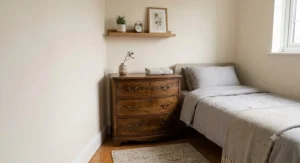 A classic, vintage-style wooden chest of drawers adding character to a traditional spare bedroom setting.