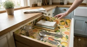 Demonstrating how to carefully measure and trim floral scented drawer liners to fit a wooden drawer, using a craft knife and ruler for a bespoke finish.