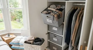 Close-up of vacuum storage bags being used to compress bulky woollen jumpers to save space in a small closet.