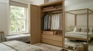 Assorted shapes of renewable cedar inserts neatly arranged in a chest of drawers to keep textiles fresh and protected.