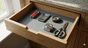A durable, grey, washable silicone drawer liner mat cut to size for a kitchen utility drawer.
