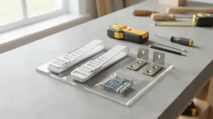 A flat-lay photograph showing the components of an anti-tip safety kit, including white nylon straps, metal brackets, screws, wall plugs, and a stud finder on a workbench.