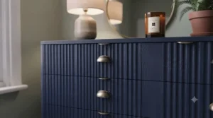 Detail shot of brushed brass handles on a luxury statement chest of drawers.