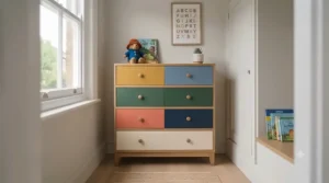 Detail view of ergonomic handles on a colourful toddler chest of drawers.
