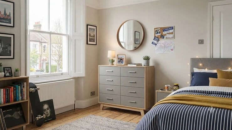 A stylish chest of drawers designed for a modern teenage bedroom, featuring a versatile storage solution with a clean, contemporary finish suitable for UK homes. chest of drawers for teenage bedroom