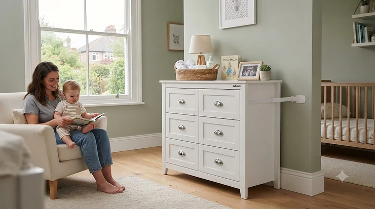 A modern white chest of drawers in a nursery, featuring rounded corners and securely closed drawers to keep children safe. childproof chest of drawers