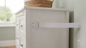 A metal furniture anchor strap securing a chest of drawers to the wall to prevent tipping.