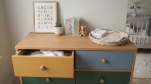 Colourful chest of drawers styled with storybooks and nursery decor.