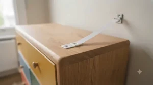 Compact, colourful chest of drawers providing space-saving storage in a toddler room.